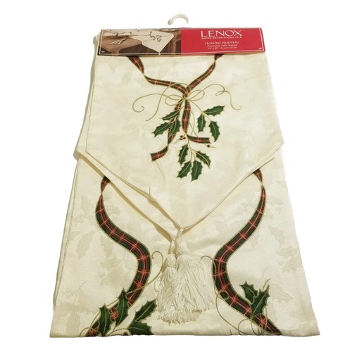 Lenox Holiday Nouveau Christmas Table Runner NWT Ivory Tartan Plaid 14" x 90" - Picture 2 of 14