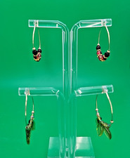 Lot 2 Goldtone Green Leaf & Red Beaded Hoop Pierced Earrings