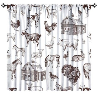 Farm Animals Curtains, Rustic Farmhouse Hand Drawn Cute House Horse Cattle Co...