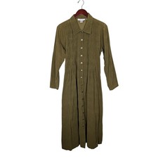 Vintage Silhouettes Corduroy Maxi Dress 14 Green Button Pintuck Prairie Cottage