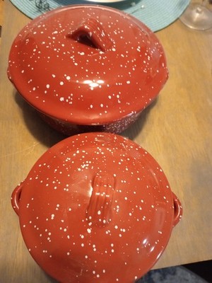LTD Commodities Red White Speckled Ceramic Casserole Dish Set 2 Pc w Lids