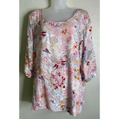 World Market Womens L/XL Tunic Top Pink Orange Paisley Floral 3/4 Sleeve Resort