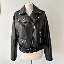 Zara Biker Jacket Size XL Black Faux Leather Pleather Belted Zip Pockets VGC
