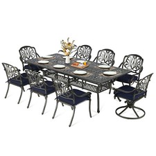 9 Piece Outdoor Patio Dining Set, Patio Rectangular Table 2 Swivel Rocker Chairs