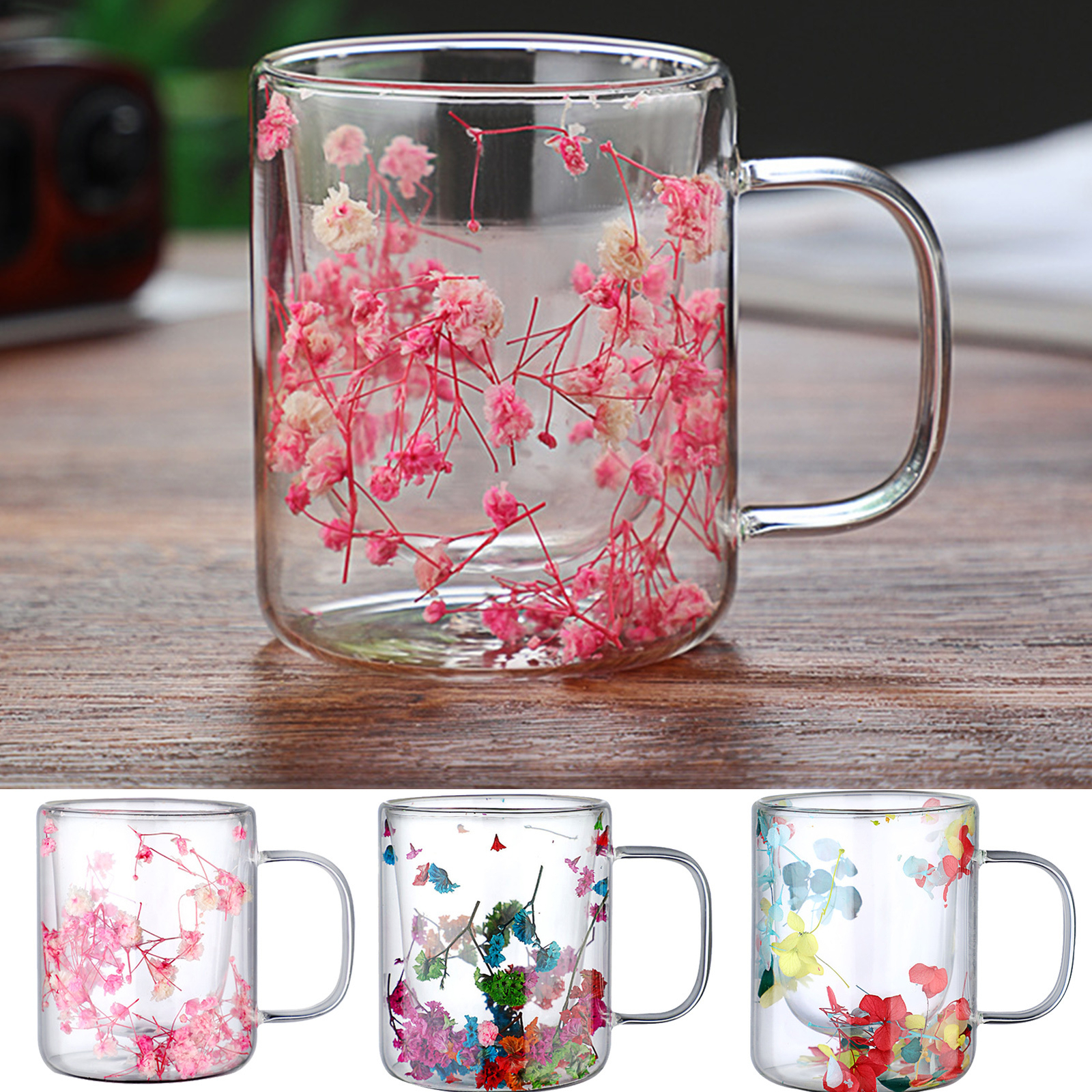 250ml Dried Flowers Double Wall Insulated Glass Coffee Mug Thermal W/ Handle-image