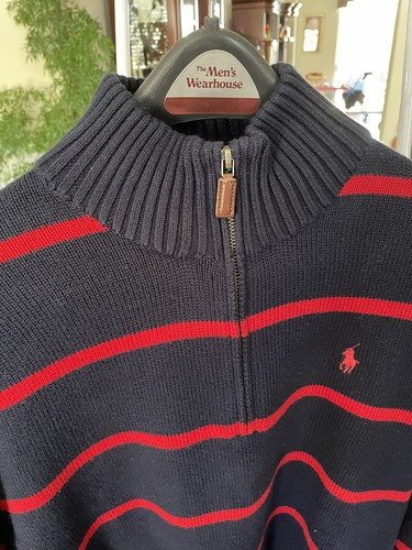 POLO by Ralph Lauren, Men's pull-over sweater, Medium, Blue, red stripes, Cotton - Picture 3 of 4