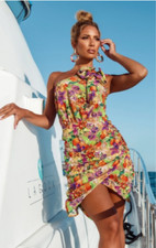 PRETTYLITTLETHING PURPLE FLORAL FRUIT RUCHED BOW SHOULDER BEACH DRESS UK 6