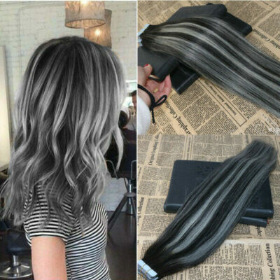 12AA RUSSIAN TAPE IN HAIR Extensions 1#/GREY# BALAYAGE OMBRE 40Pcs 100g STRAIGHT