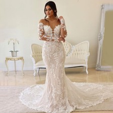 Long Sleeve Beach Mermaid Wedding Dresses Lace Appliques O Neck Bridal Dress
