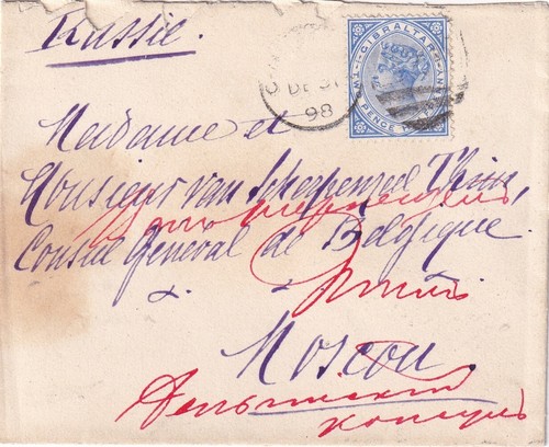 1898 Gibraltar 2 1/2d Victoria ungewöhnlich nach Russland an belgischen Konsul Moskau