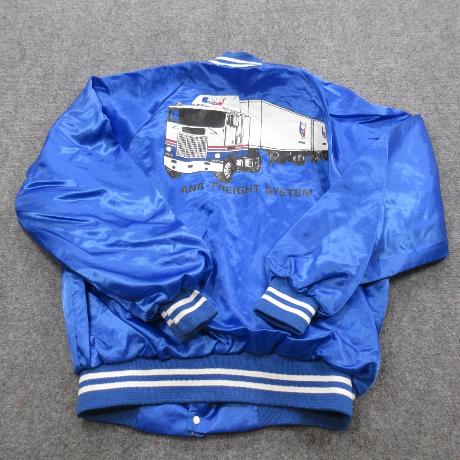Giacca Coaches vintage uomo grande blu nylon camionista grafica bomber toppa a scatto anni 80
