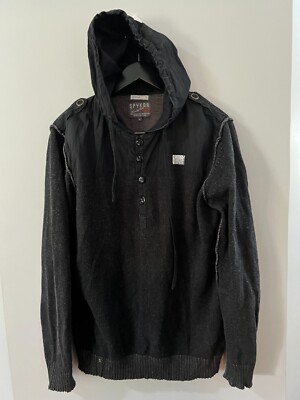SPYKAR 1992 Ninety Two Mens Hooded Black/Dk Grey Pullover Sweater Jumper Size XL