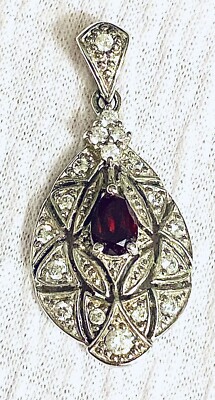  Sterling Silver - DIAMONIQUE Red Gem & CZ Teardrop Cocktail Pendant - 5g