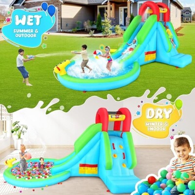 Kids Inflatable Water Slide Bounce House Water Guns Jumping Splash Pool w/Blower