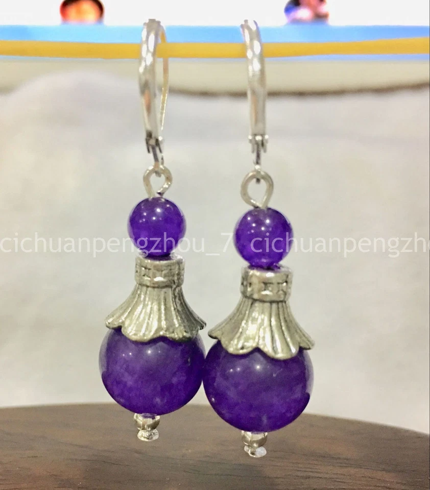 Pendientes colgantes de plata tibetana con cuentas redondas de amatista púrpura de 6 mm 12 mm Foto 4 de 4