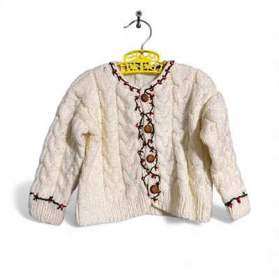 Handmade Toddler Cardigan, ￼ Sweater With Embroidered Flowers Leaves Size 4T