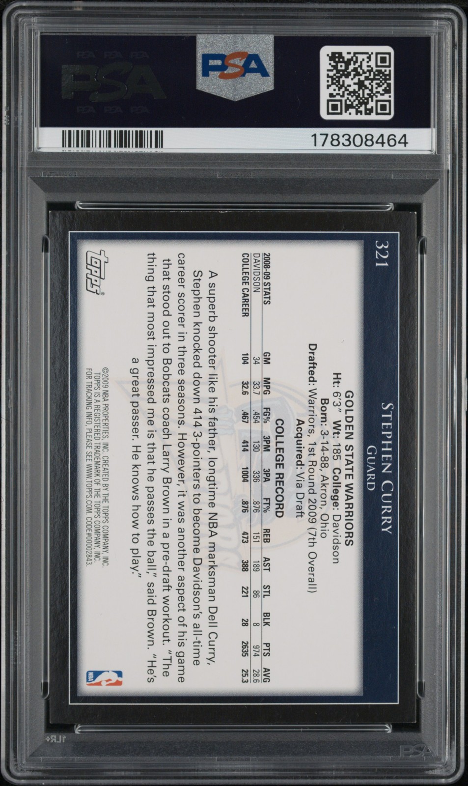 2009 TOPPS #321 STEPHEN CURRY ROOKIE RC PSA 5 view 2