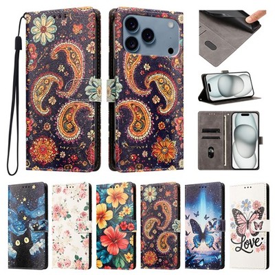 Floral Butterfly Wallet Flip Case für iPhone 17 16 15 14 13 Pro Max Plus Leder