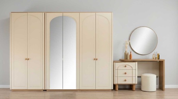 Kleiderschrank Schminktisch Set Beige Modern Luxus Spiegel Hocker-image