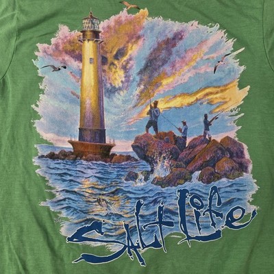 Salt Life T-Shirt Adult Mens L Green Lighthouse Fishing Short Sleeve Beach Tee
