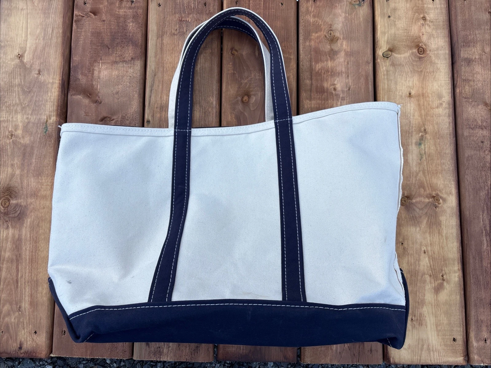 Vintage L.L Bean Boat and Tote Canvas Bag Medium 17” Zip Top Navy & Natural READ