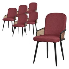 Chaises salle à manger tissu rouge accoudoirs en rotin pieds métal noir lot de 6