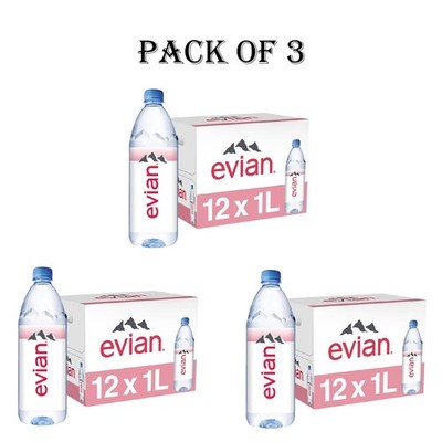 3 Pack Evian Natural Spring Water, 1 L bottle, 12 pack