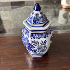 Vintage chinesische blau wei&szlig; gold Sechseck Porzellan Ingwer Dose Aufbewahrung Vase