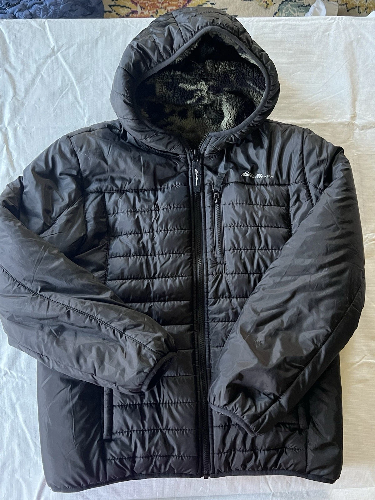 Eddie Bauer Boys Jacket Size Large 14/16 Reversible Fleece Black And Camo
