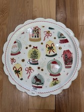 Mud Pie Christmas Snowglobe Candy Cookie Platter Scalloped Gold Rim Edge Santa