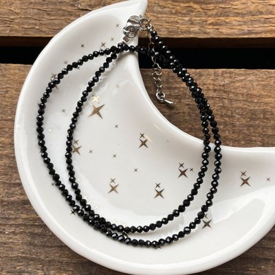 Black Spinal Faceted Round Gemstone Beads August Birthstone Long Necklace 32''