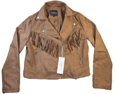 NEW Chartou Womens LARGE Faux Suede Fringe Jacket Brown Zip Up Moto Biker