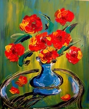 FLOWERS    Modern Abstract   Original Oil Painting  IMPRESSIONIST DRD23sc