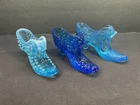 Lot of 3 Vtg Fenton Blue Opalescent Hobnail Slipper Shoes Figurine Cat Head