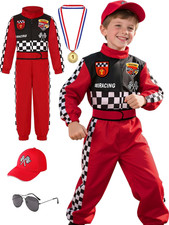 Kids Race Car Driver Costume Boys Girls Racer Jumpsuit with Car Cap Kids Dress u