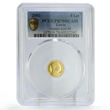 Latvia 5 lati New Lats 10th Anniversary Maiden KM-59 PR70 PCGS gold coin 2003