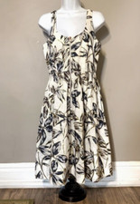 J.CREW Gold Foil Leaf Stretch Waist Front Zip Linen Dress 6