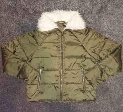 Topshop Shiny look Khaki White Faux Fur Trim Padded Puffer Coat UK