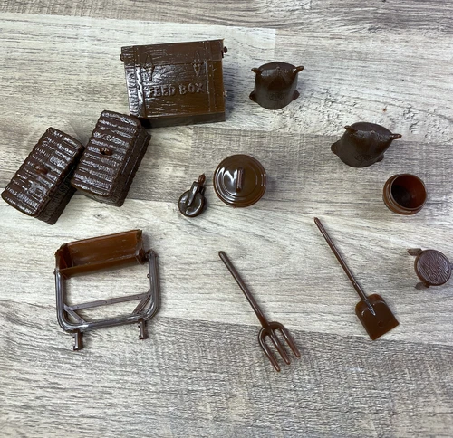 Marx Modern Farm Brown Soft Plastic Barn Accessories Set, Feed Box, Hay Play-set