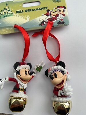 Disney Parks Santa Mickey & Minnie Mouse Bells Mistletoe Christmas Ornament Set