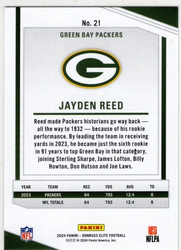 2024 Panini Donruss Elite Football Jayden Reed No. 21 Green Bay Packers - Bild 2 von 2