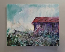 RED OLD BARN Painting Landscape Folk Art Abstract Impressionism Signed Max Kravt