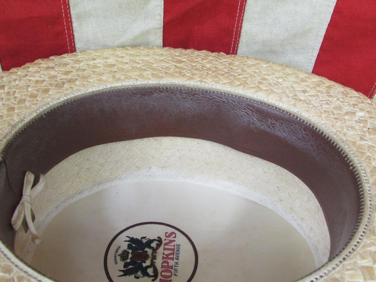 Vintage 1930s Hopkins Straw Boater Hat Striped Ribbon Vintage 1930s Hopkins Straw Boater Hat Striped Ribbon