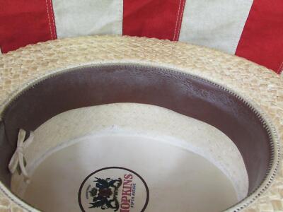 Vintage 1930s Hopkins Straw Boater Hat Striped Ribbon Vintage 1930s Hopkins Straw Boater Hat Striped Ribbon