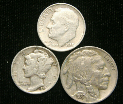 #ad Old US Coin Estate Lot Buffalo Nickel Mercury Dime Roosevelt Dime 3 Coin Set $12.95