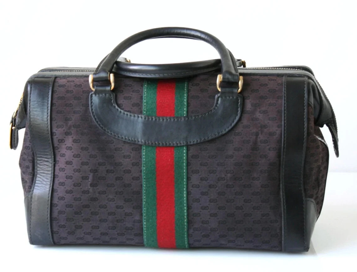 Lot - Gucci Black Leather Striped Boston Bag