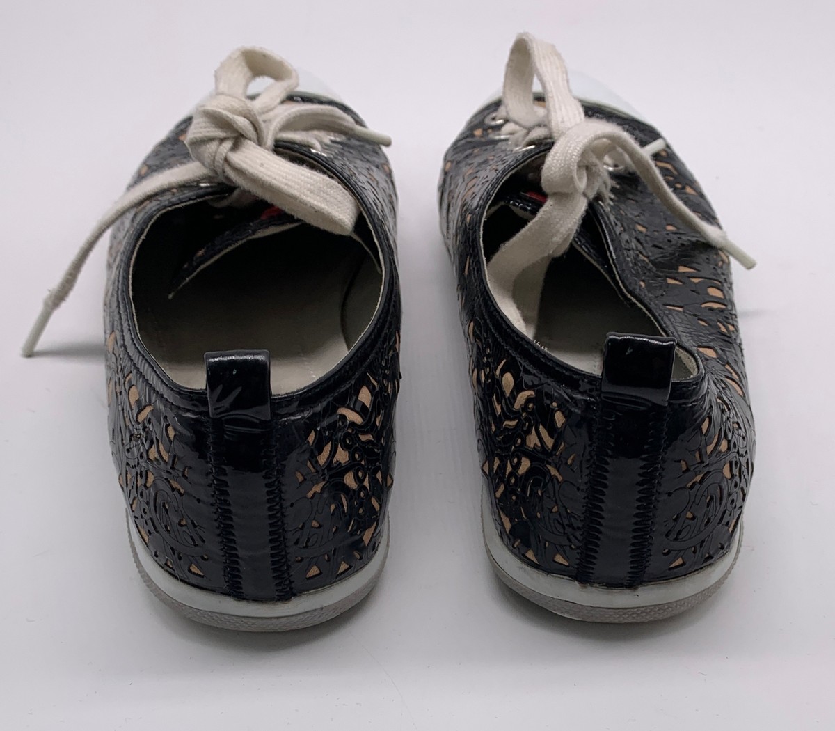 PRADA ブラック ビスチェ 38 Prada Womens Black Leather Laser Cut Lace Up White Cap Toe