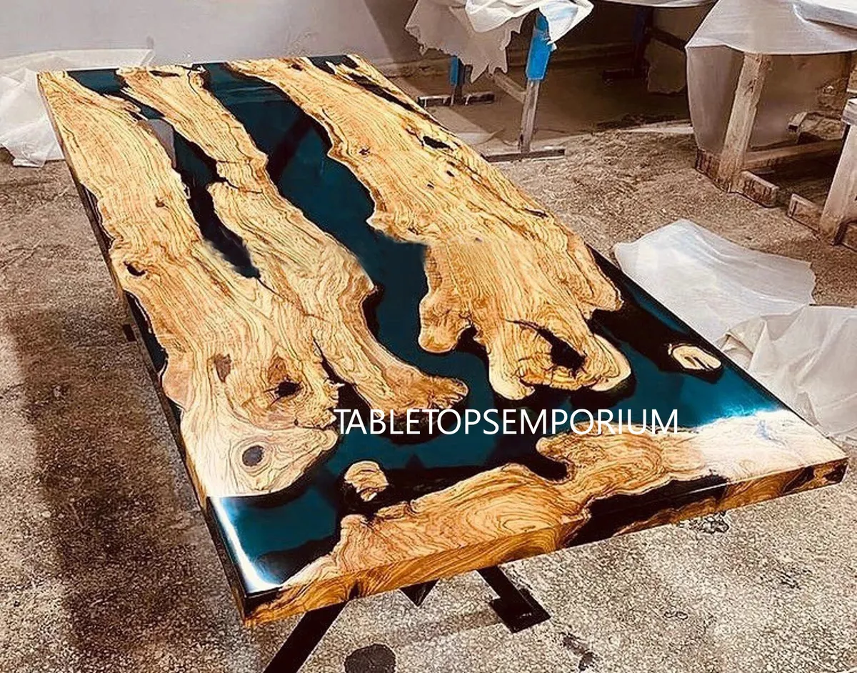 Live edge Clear Epoxy Table made from olive wood | Iron's Custom Wood