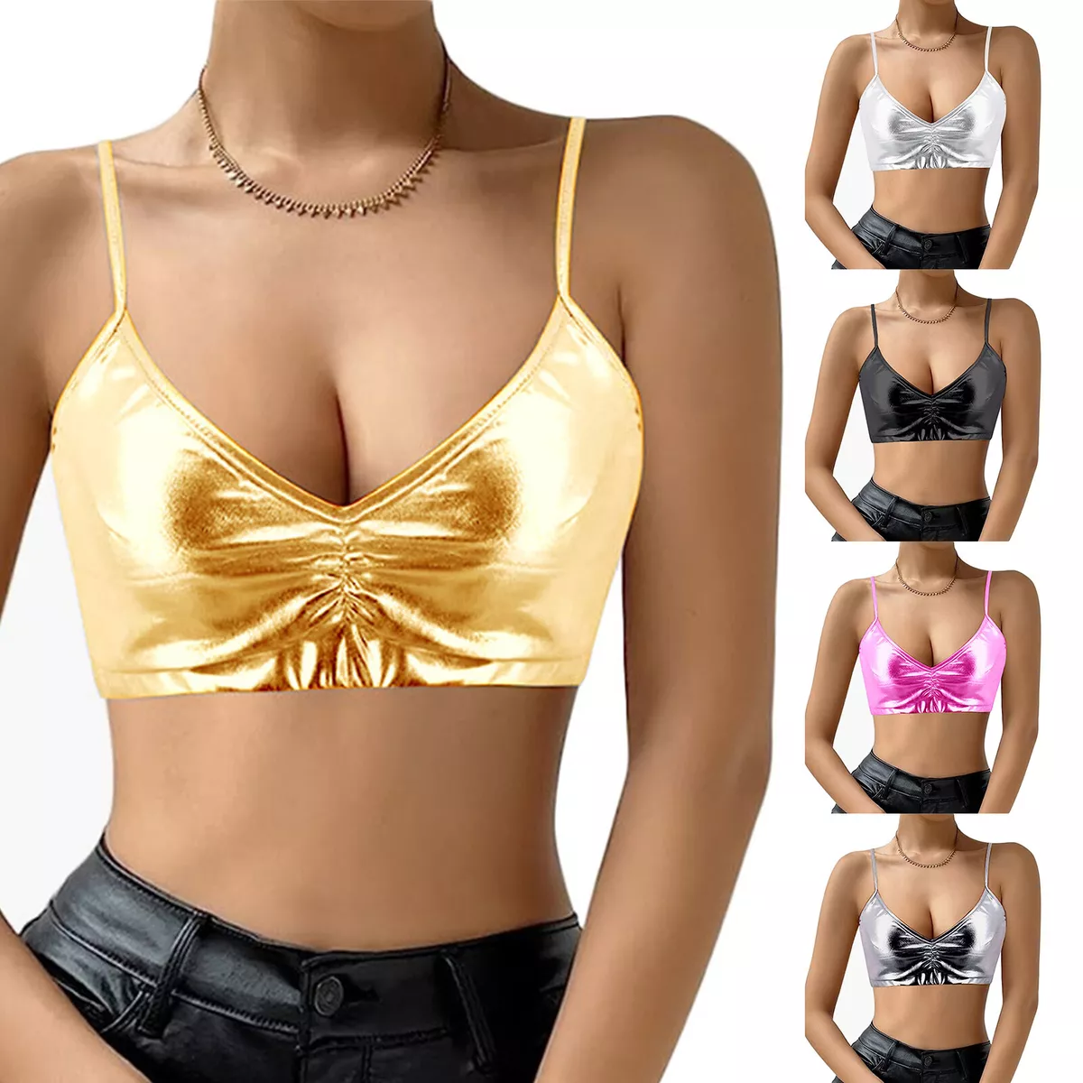 Womens Shiny Metallic Ruched V Neck Bra Top Bralette Spaghetti Straps Crop  Tops