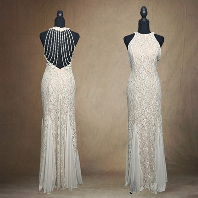 Champagne Beaded Mermaid Dress Open Back Necklace Detail Met Gala Edit